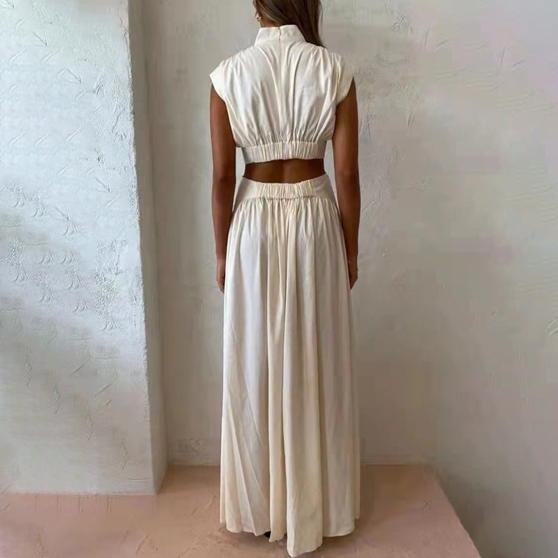 Solid Cut Out Dress For Women Stand Collar Sleeveless High Waist Minimalist Midi Dresses Female Clothes Fashion New