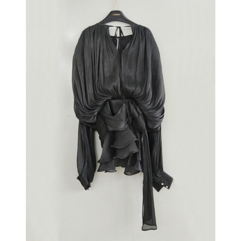 Solid Loose Blouse Mini Dresses Women V Neck Long Sleeve Spliced Lace Up Sweet Dress