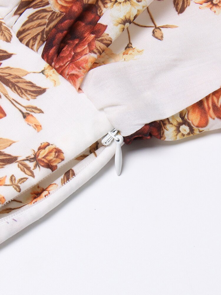 Autumn Mini Dress For Women Stand Collar Lantern Sleeve High Waist Print Floral Colorblock Dresses Female Clothing