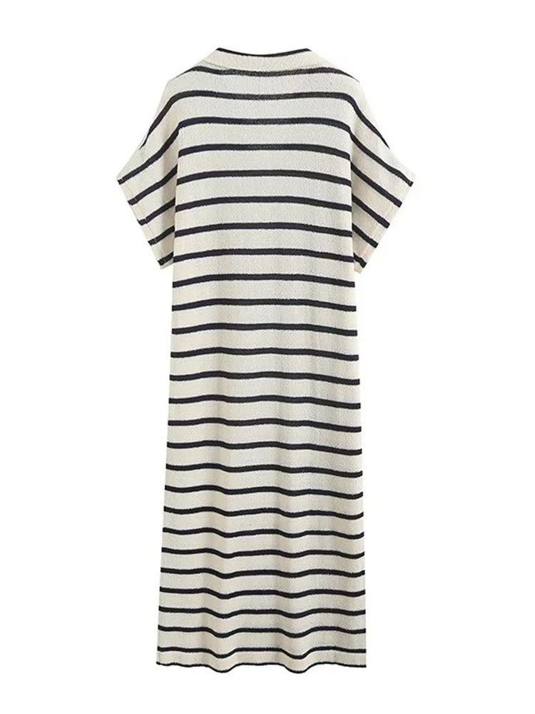 Women Summer Fashion Streetwear Style Striped Knitted Loose Midi Dress Casual POLO Collar Chic Short Sleeve Dresses