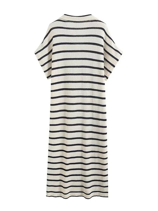 Women Summer Fashion Streetwear Style Striped Knitted Loose Midi Dress Casual POLO Collar Chic Short Sleeve Dresses