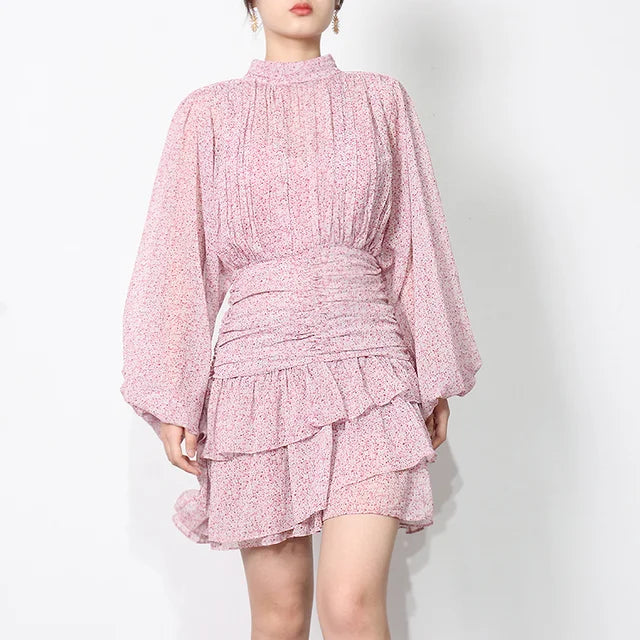 Solid Mini Dress For Women Stand Collar Long Sleeve High Waist Pacthwork Fold Dresses Female