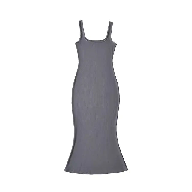 Summer  Midi Mermaid Dress Women Sleeveless Square Collar Stretchable Slim Dresses