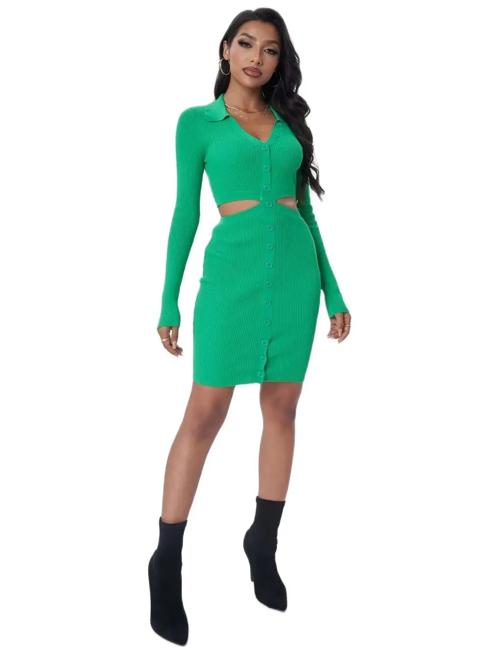 Women Hollow Waist Mini Dress Long Sleeve Turn-down Collar Buttons Knits Elastic Slim Dresses