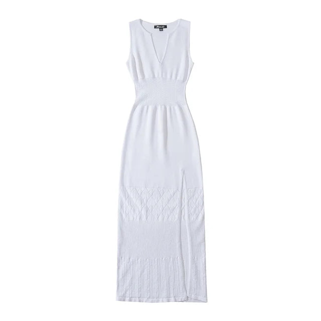 Summer V-neck Sleeveless Hollow Out Knitted Dress Women Split  Stretchable Slim Midi Dresses