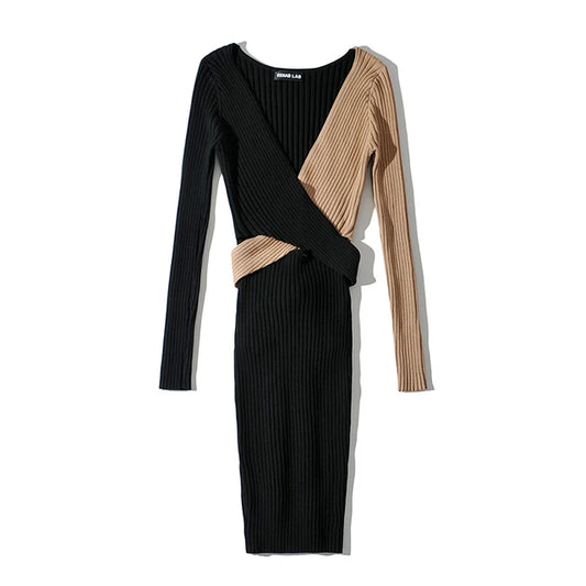 Women Khaki Patchwork Black Dress  Long Sleeve Knitted Elastic V-neck Mini Dresses Slim Dress