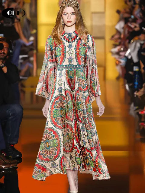 design runway vintage floral print maxi dresses for women long sleeve autumn stand collar retro holiday beach party vestidos