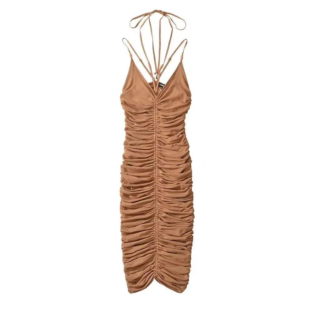 Women Beading Halter Midi Dress Summer Sleeveless Knitted Stretchable Elegant Design Dresses