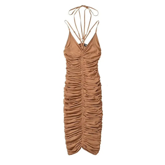 Women Beading Halter Midi Dress Summer Sleeveless Knitted Stretchable Elegant Design Dresses