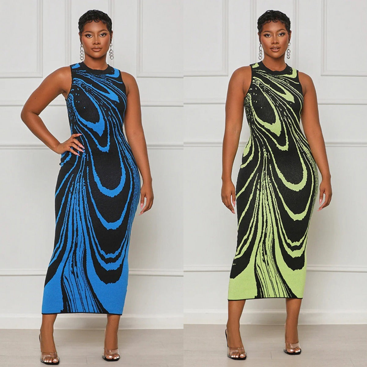 Women Wave Striped O-neck Sleeveless  Ribbed Birthday Bodycon Midi Maxi Dress  INS Sexy Party Dresses