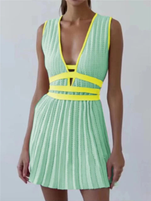 Summer Deep V-Neck Knitted Women's Dresses High Waist Lace Up Casual Sleeveless Solid Sexy Mini Dresses Female Ladies