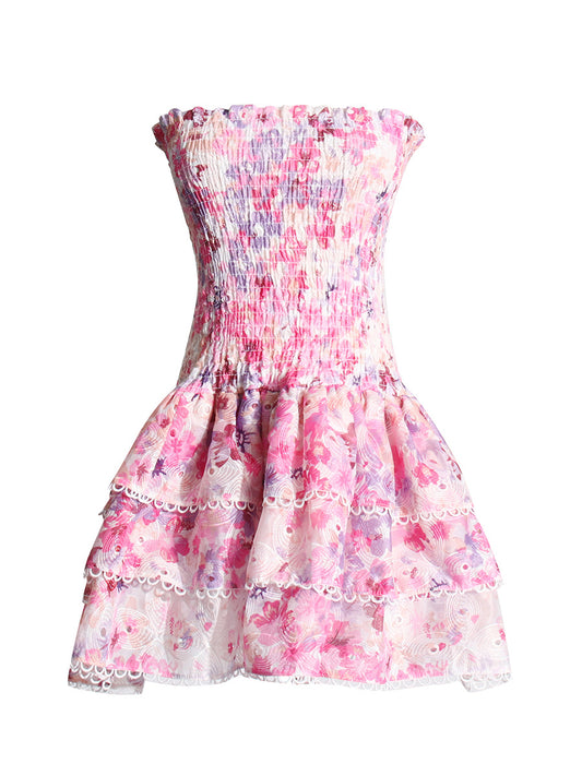 Hit Color Floral Printing Slimming Dress For Women Strapless Sleeveless High Waist Temperament Tierred Mini Dresses Female