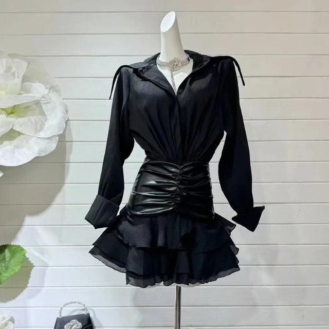 Solid Patchwork Leather Dresses For Women Lapel Long Sleeve High Waist Spliced Folds Elegant Mini Dress Female