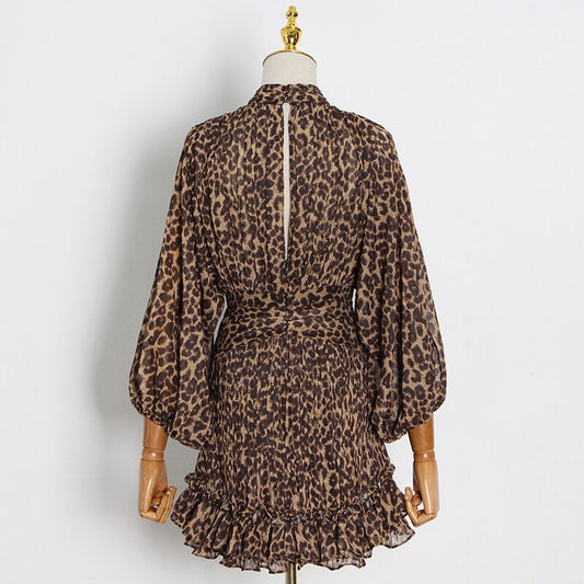 Women Stand Collar Lantern Long Sleeve High Waist Leopard Ruched Mini Dresses