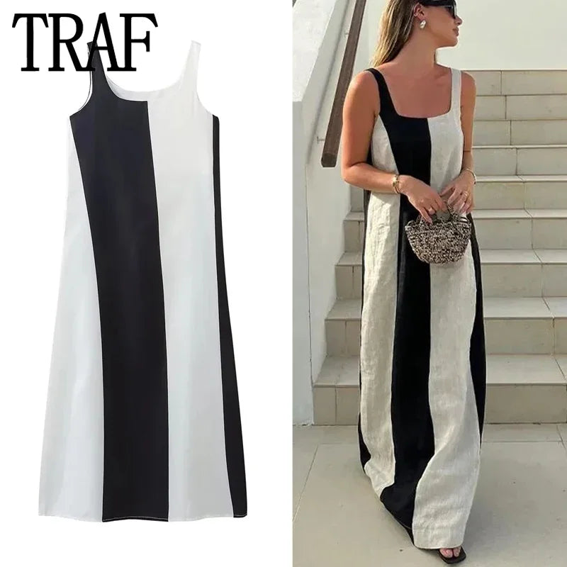 Striped Midi Dress Women Sleeveless Slip Loose Women's Dress  Summer Casual Long Dresses Holiday Beach Party Dresses