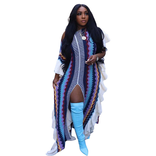 Women Knit Ribbed Clock Ruffes Side Sleeve Front Split Striped Straight Maxi Dress  Vintage Fashion Vestidos Dresses