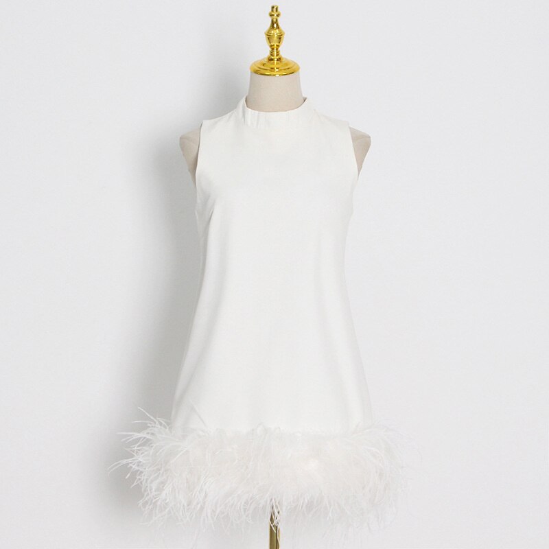 Fashion Women's Dress New Round Neck Loose Sleeveless Solid Color Spliced Feather Mini Dresses Female Autumn