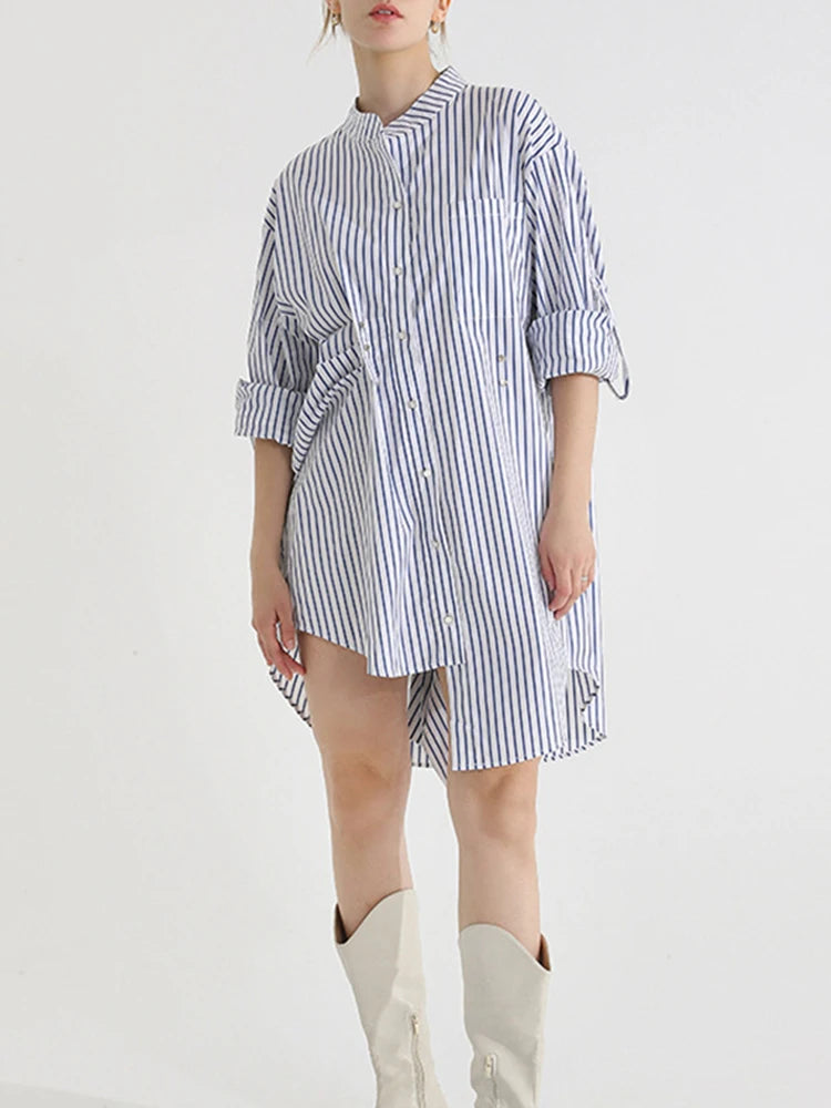 Colorblock Striped Minimalist Mini Dresses For Women Stand Collar Half Sleeve High Waist Asymmetrical Casual Dress Female