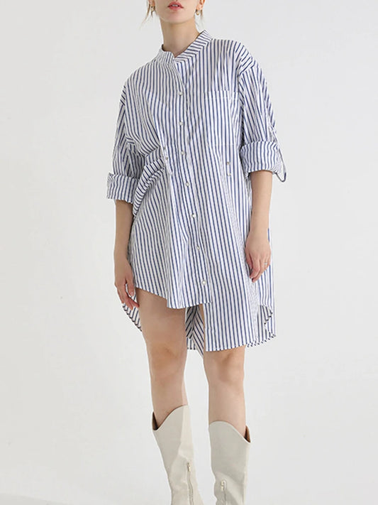 Colorblock Striped Minimalist Mini Dresses For Women Stand Collar Half Sleeve High Waist Asymmetrical Casual Dress Female