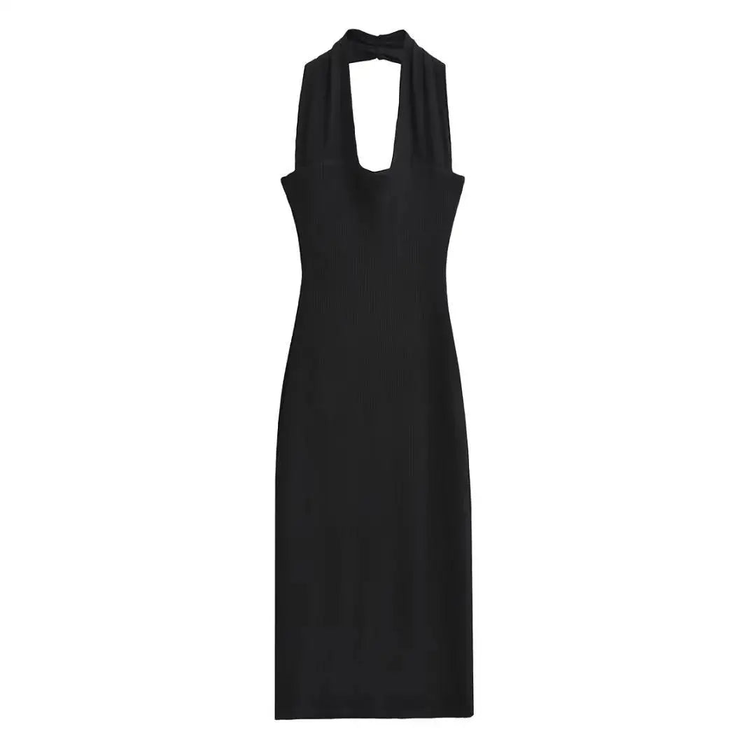 Summer Sexy Halter Deep V-neck Midi Dress Women Backless  Knits Elastic Slim Dresses