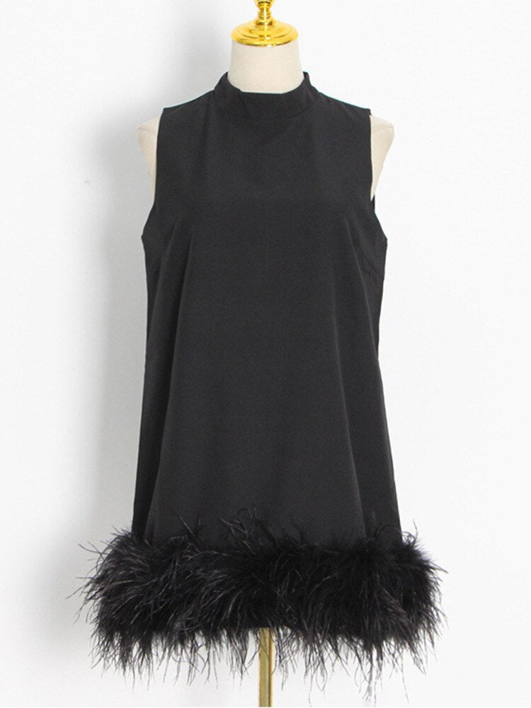 Fashion Women's Dress New Round Neck Loose Sleeveless Solid Color Spliced Feather Mini Dresses Female Autumn