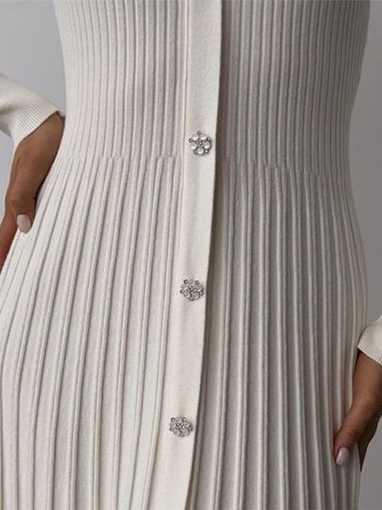 Women Fashion Casual Knitted Midi Dress Sexy V-neck Long Sleeve Basic Sweater Dress  Spring Office Lady Elegant Slim Dresses