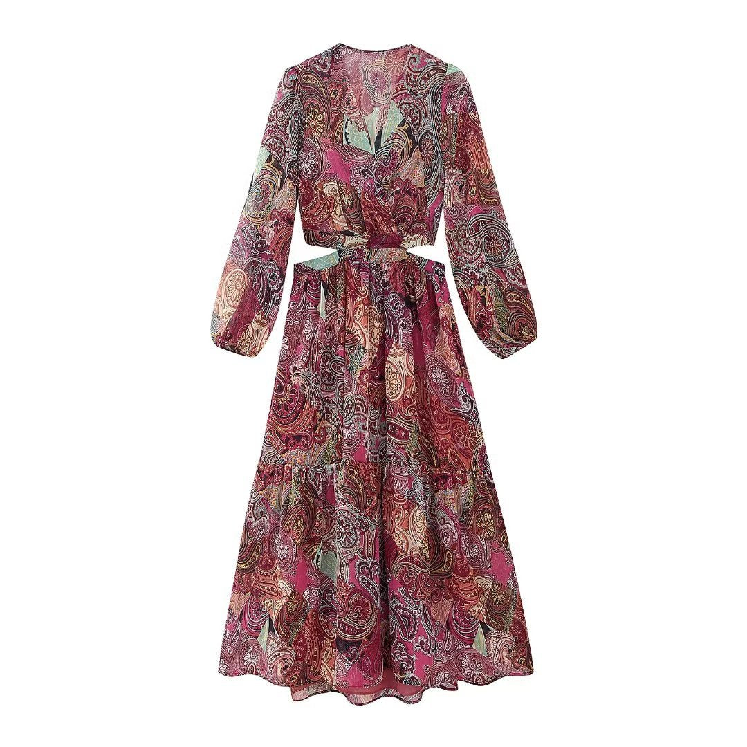 Lady Midi Dress Fashion Long Sleeve Casual Long Dresses Women Vestidos V-neck Print Women Elegant Office Lace-Up Autumn