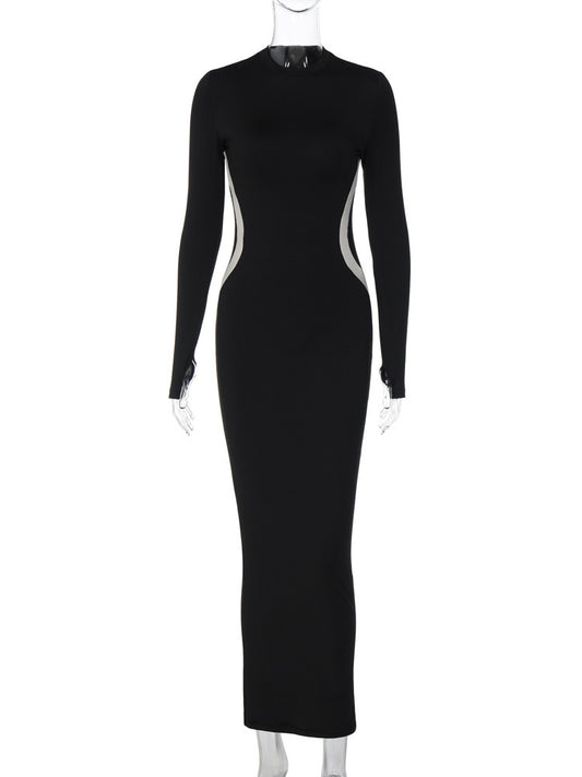 Elelgant Sexy Black Patchwork Maxi Dress Autumn O-neck Long Sleeve Bodycon Party Dresses for Women Evening Club Outfits
