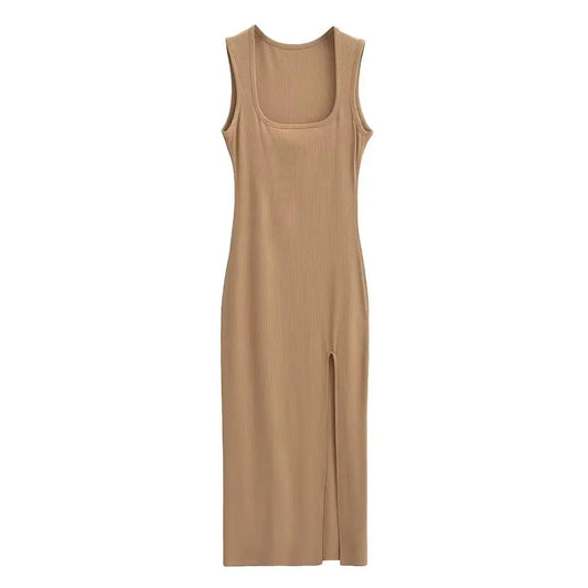 Summer Square Collar High Split Midi Dress Women Knits Stretchable Slim Dresses