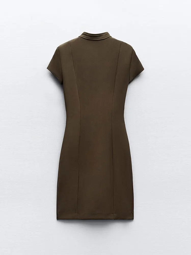 Women O Neck Zipper Dress Elegant Solid Fashion Short Sleeve H-line Mini Dresses  Lady Spring Chic High Street Pleated Robes
