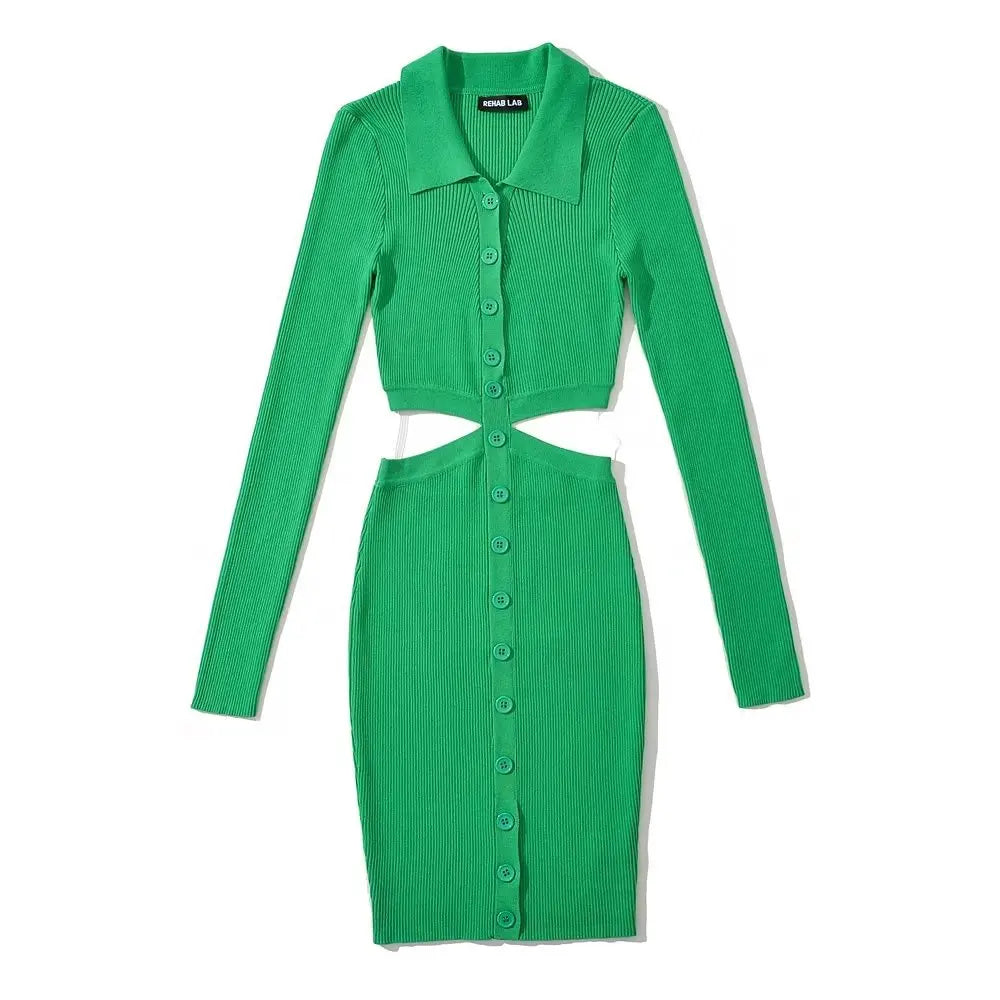Women Hollow Waist Mini Dress Long Sleeve Turn-down Collar Buttons Knits Elastic Slim Dresses