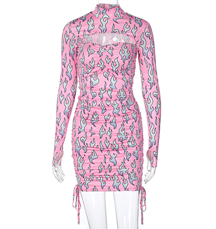Cybill Print Hollow Out Turtleneck Dress Autumn Lace Up Short Bodycon Dresses Streetwear Club Party Mini Dresses