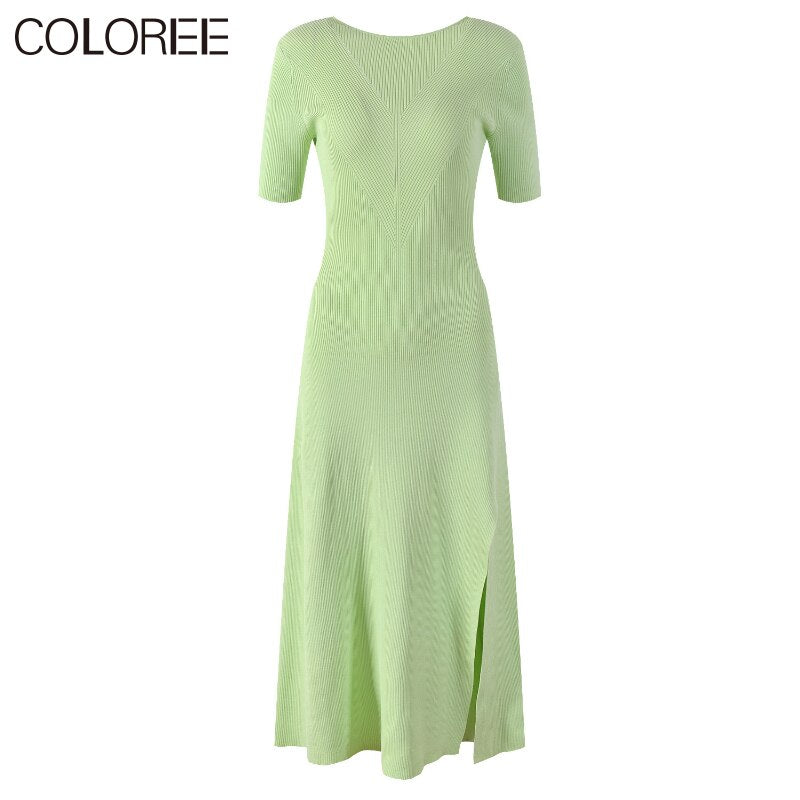 New Spring Summer Elegant Green Knitted Dresses Women 2023 Casual O-neck Short Sleeve Slim Dress Midi Vestidos Para Mujer