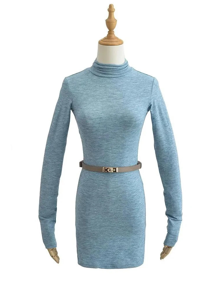 Women Turtleneck Long Sleeve Mini Dress With Sashes 5 Colors Elastic Slim Dresses