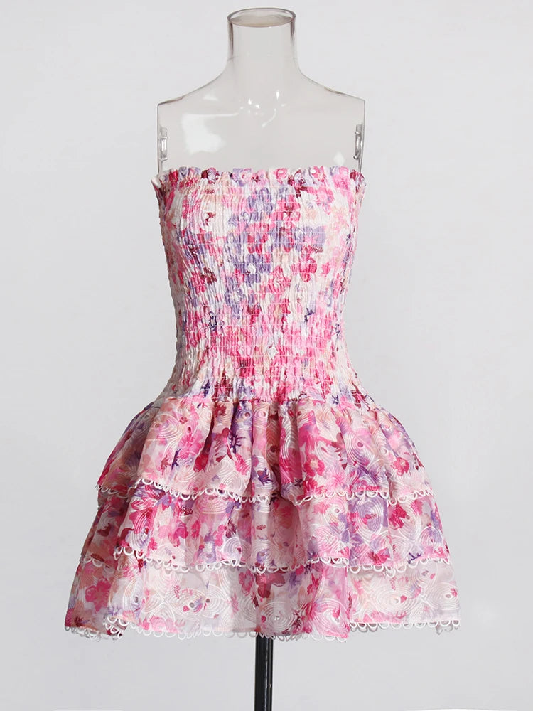 Hit Color Floral Printing Slimming Dress For Women Strapless Sleeveless High Waist Temperament Tierred Mini Dresses Female