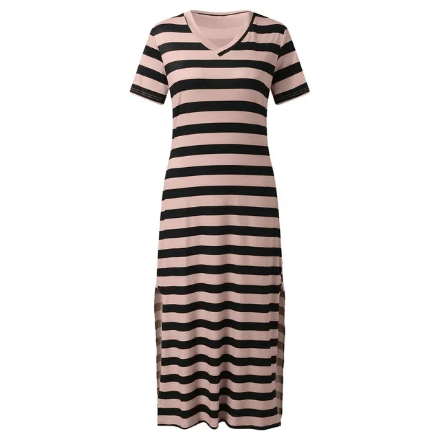 Womens Stripe Print Summer Dress Short Sleeve V Neck Casual Loose Long Dresses Bohemian Beach Split Maxi Vestidos Robes Longues