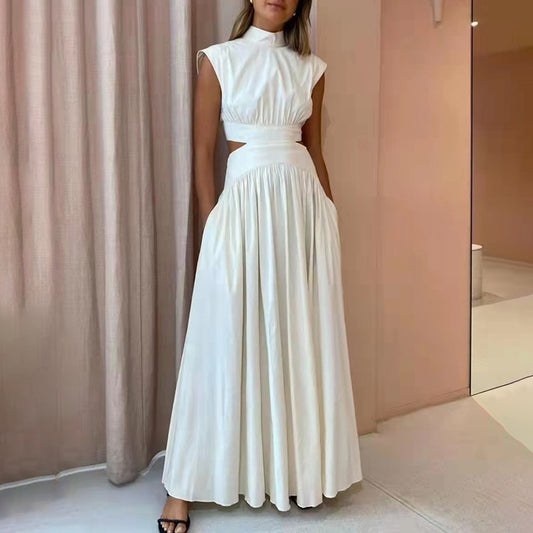 Solid Cut Out Dress For Women Stand Collar Sleeveless High Waist Minimalist Midi Dresses Female Clothes Fashion New