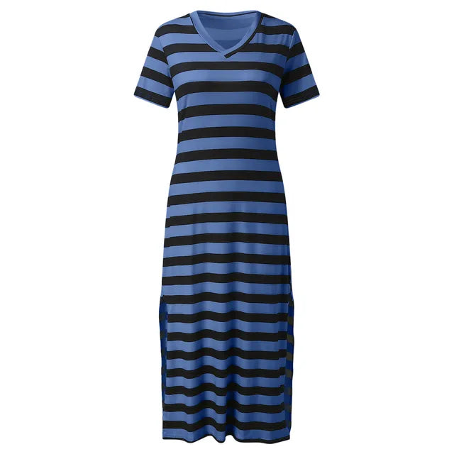 Womens Stripe Print Summer Dress Short Sleeve V Neck Casual Loose Long Dresses Bohemian Beach Split Maxi Vestidos Robes Longues
