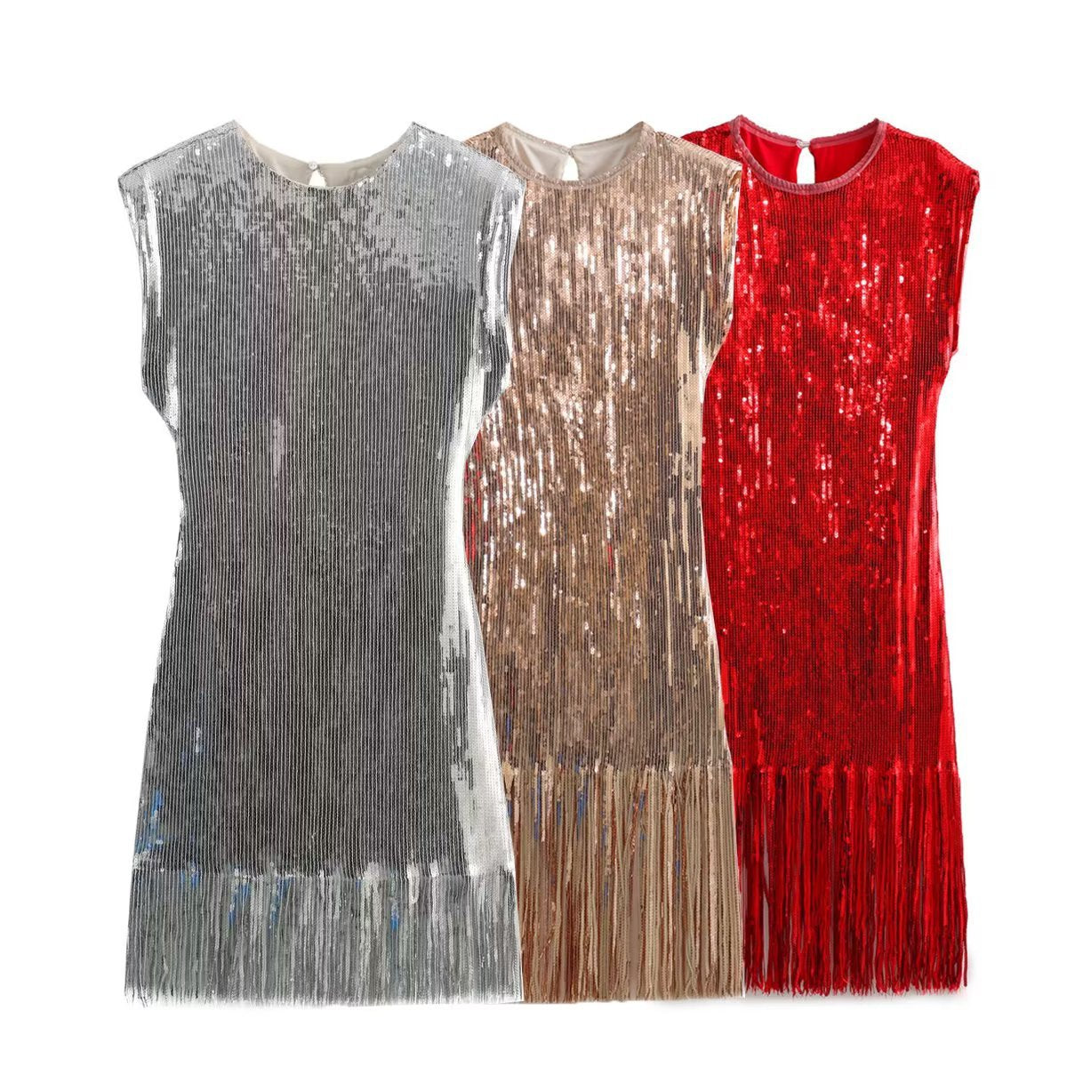 Woman Fashion Sequins Tassels Embellished Mini Dress Casual Slim Sleeveless V Neck Dresses