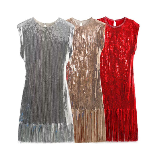 Woman Fashion Sequins Tassels Embellished Mini Dress Casual Slim Sleeveless V Neck Dresses