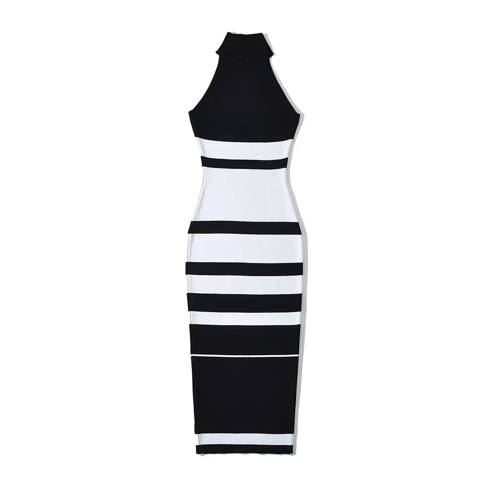 Sweater Dress For Women Sleeveless O-neck Patchwork Color Knitted Stretchable Slim Midi Dresses