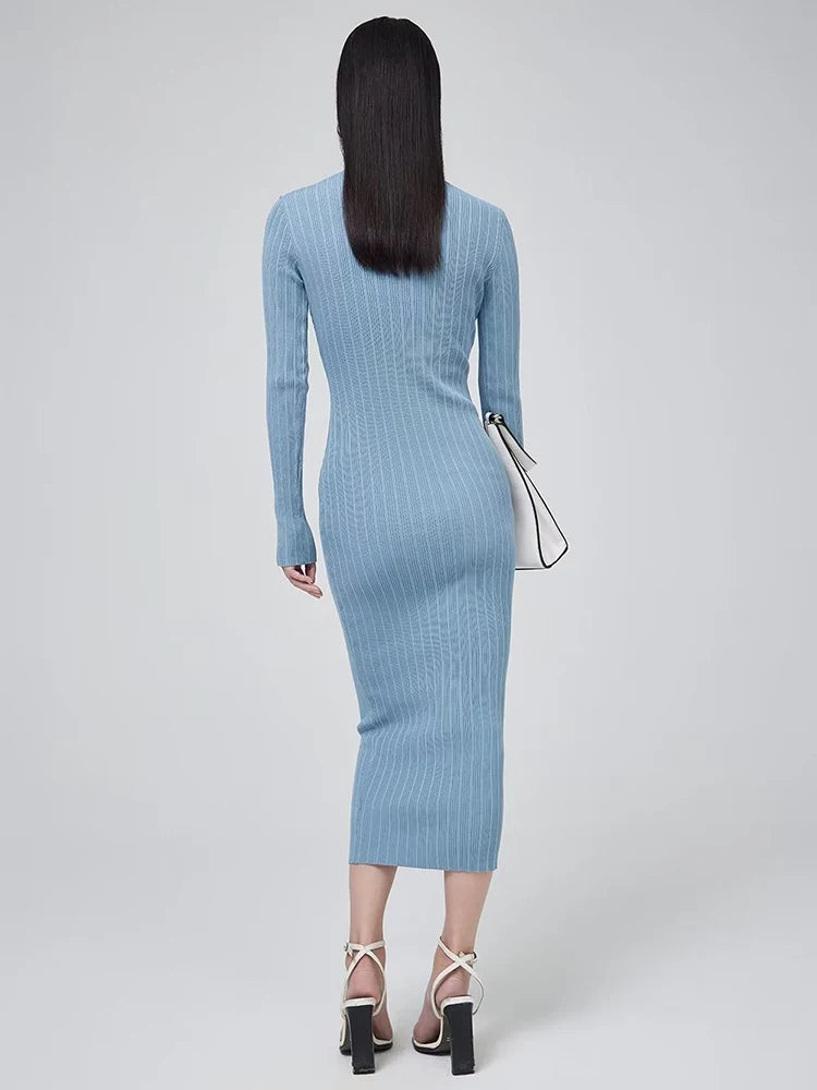 Women O-neck Long Sleeve Party Dresses Knitted 4 Colors Stretchable Slim Midi Dresses vestido feminino