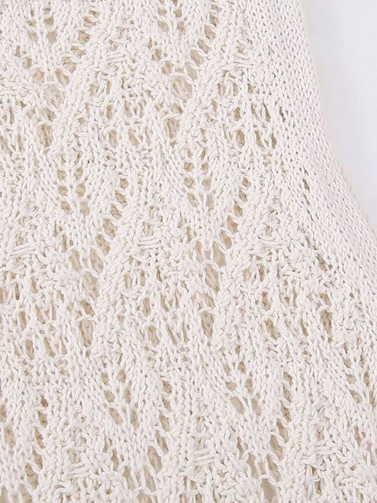 Women Sleeveless Knitted Slim Crochet Woven Dresss Fashion Cut Out Slim Split O Neck Long Dresses Hollowed Holiday Maxi Robe