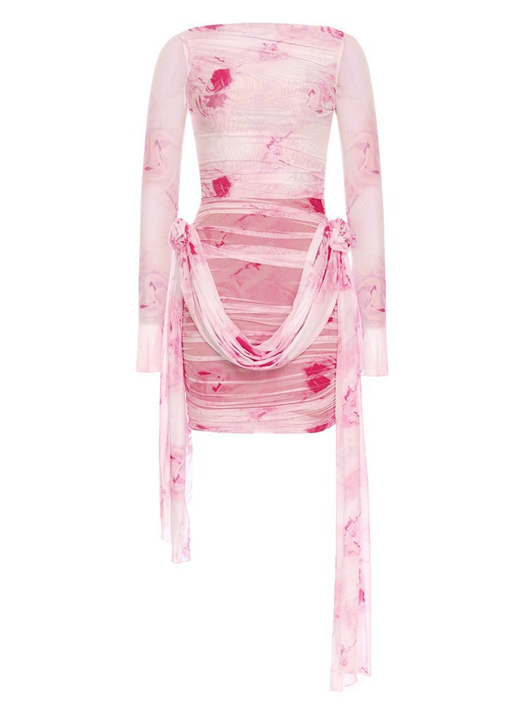 Colorblock Patchwork Appliques Slimming Mini Dresses For Women Round Neck Long Sleeve High Waist Sexy Dress Femal