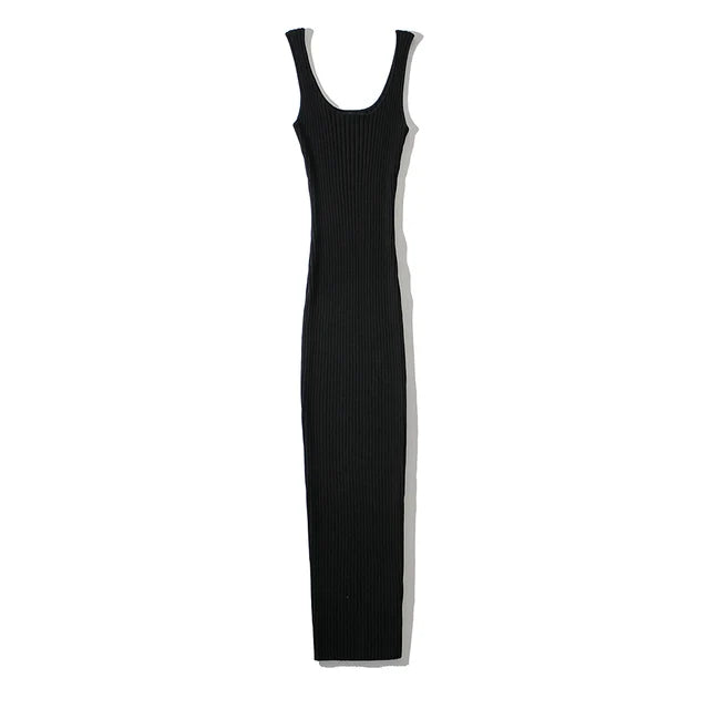 Summer Rib Knitted Stretchable Slim Midi Dress Women Sleeveless O-neck  Dresses robe femme
