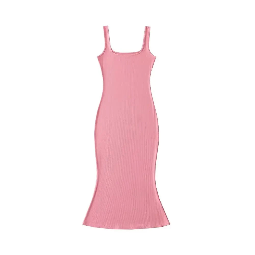 Summer  Midi Mermaid Dress Women Sleeveless Square Collar Stretchable Slim Dresses