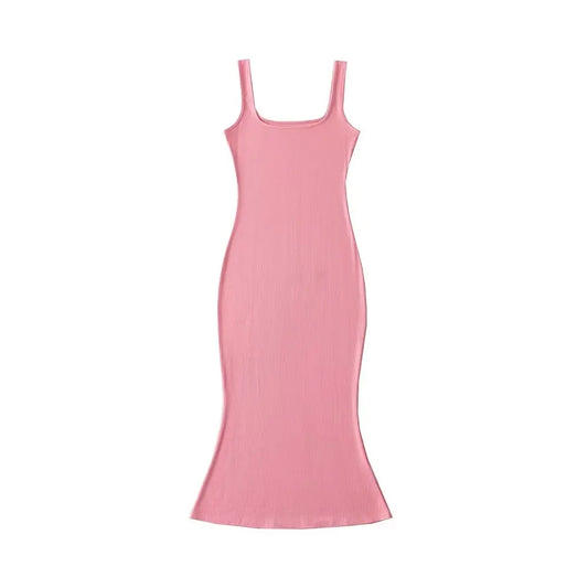 Summer  Midi Mermaid Dress Women Sleeveless Square Collar Stretchable Slim Dresses