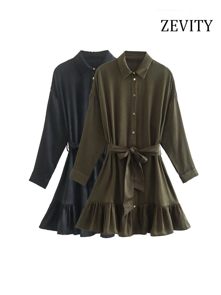 Women Fashion With Belt Ruffled Satin Mini Shirt Dress Vintage Long Sleeve Front Gold Button Female Dresses