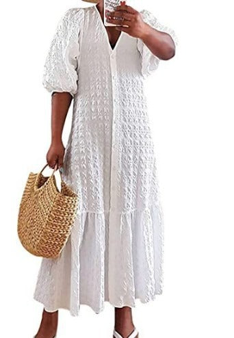 V-Neck Ruffled White Chiffon Dresses