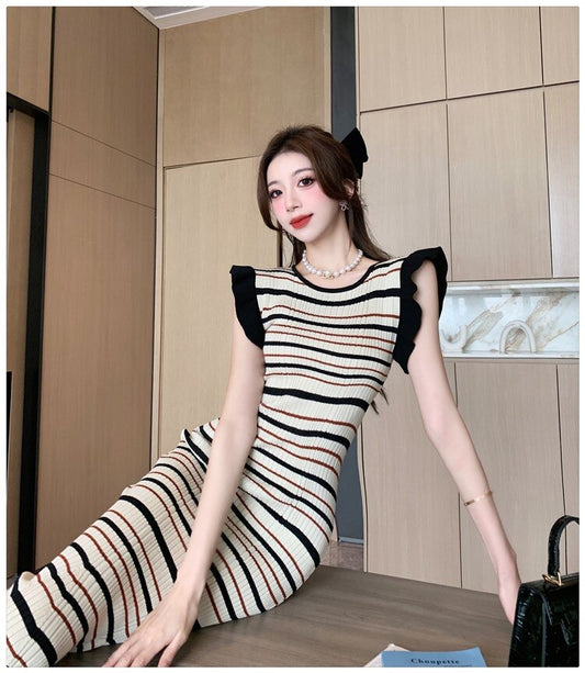 OFF summer streetwear chic korean new in fashion stripe bodycon knitted midi dresses for women casual ruffles O-neck dress femme